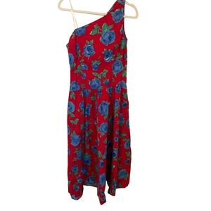 Vtg 80s Accentuette from Lanz 1 Shoulder Red Floral Midi Dress Size 10 Made USA